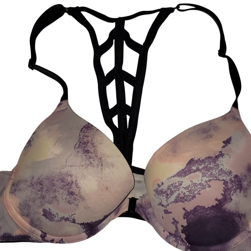Victoria's Secret PINK 34B Push-Up Bra Purple Tie Dye Cage Racerback Front Clasp